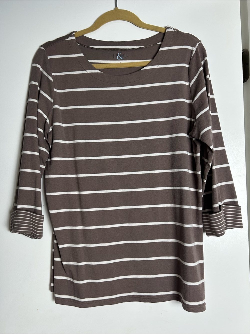 Hillard & Hanson Brown and White Striped Long Sleeve Tee
